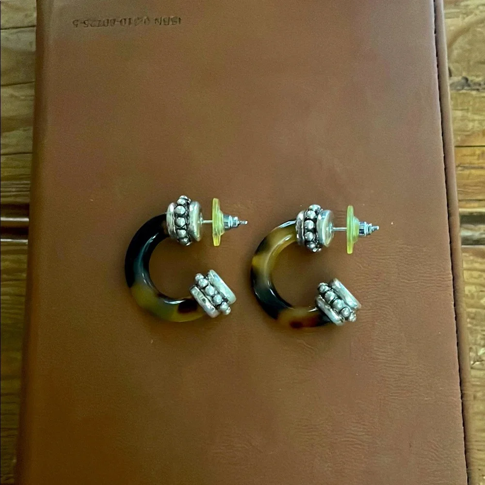 Tortoise Shell Hoop Earrings with Silver Accents bares vintage - Picture 1 of 2